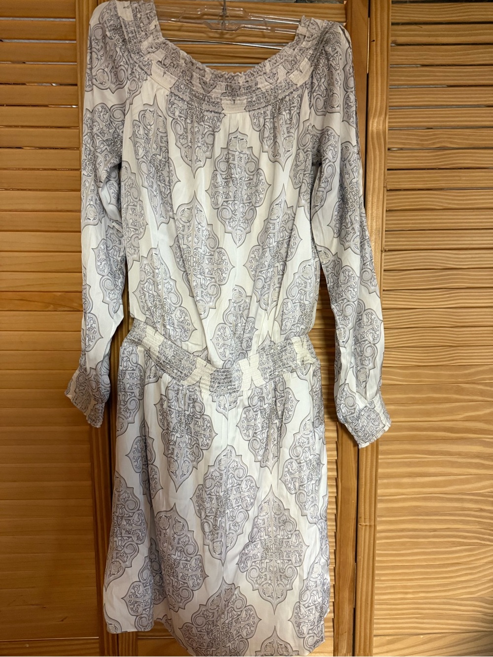 White House Black Market White and Light Gray Long Sleeve Smocked Dress